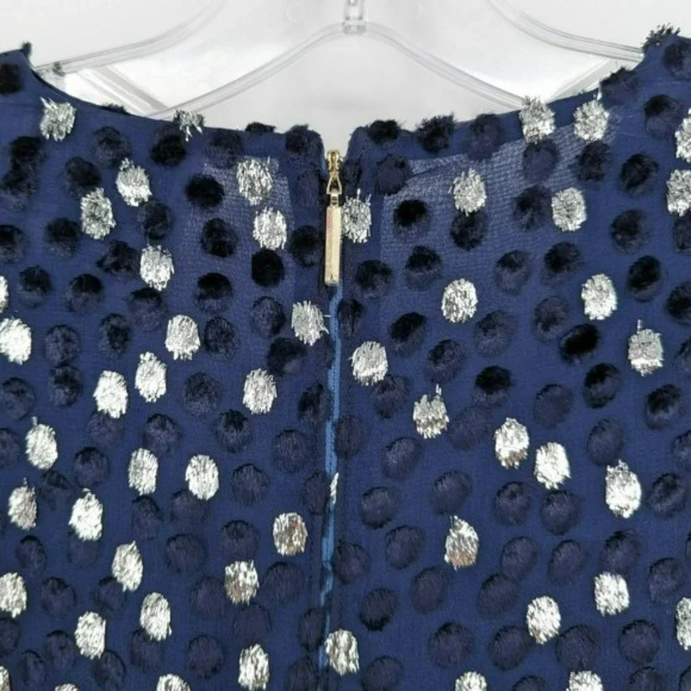 Kate Spade Scatter Dot Dress 6 Navy Silver Faux Wrap Ruffle Velvet Long Sleeve